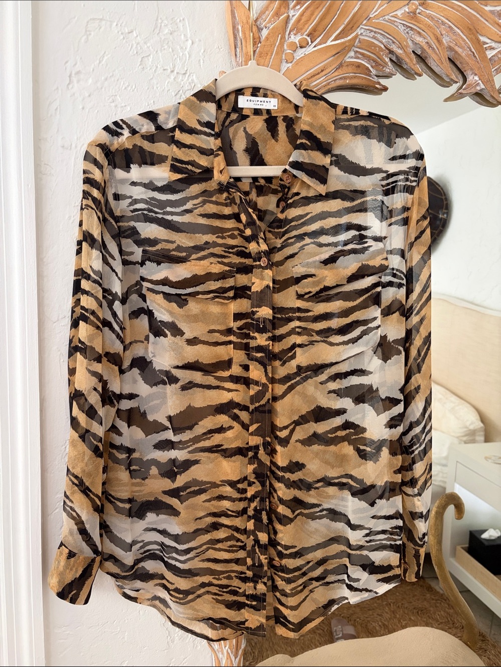 Equipment Sheer silk Tiger-Print Button-Down Blouse in Brown and Black